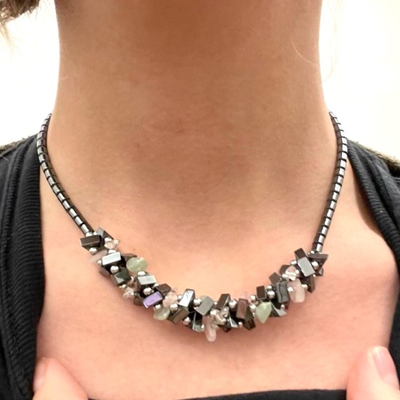 Jewelry - Hematite & Gemstone Chip Accented Small Collar Length Necklace